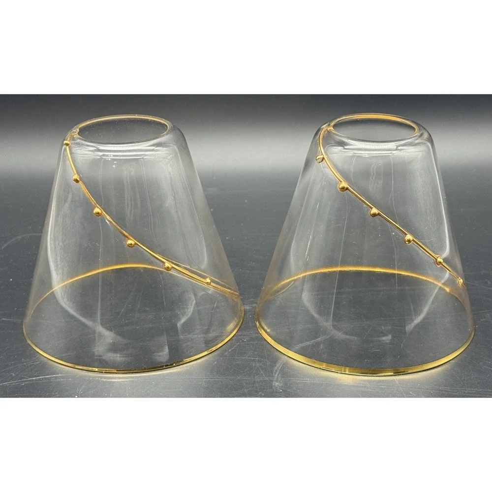 Pair Clear Glass Lamp Shades with Applied Gold Glass Beading Thin Elegant Style
